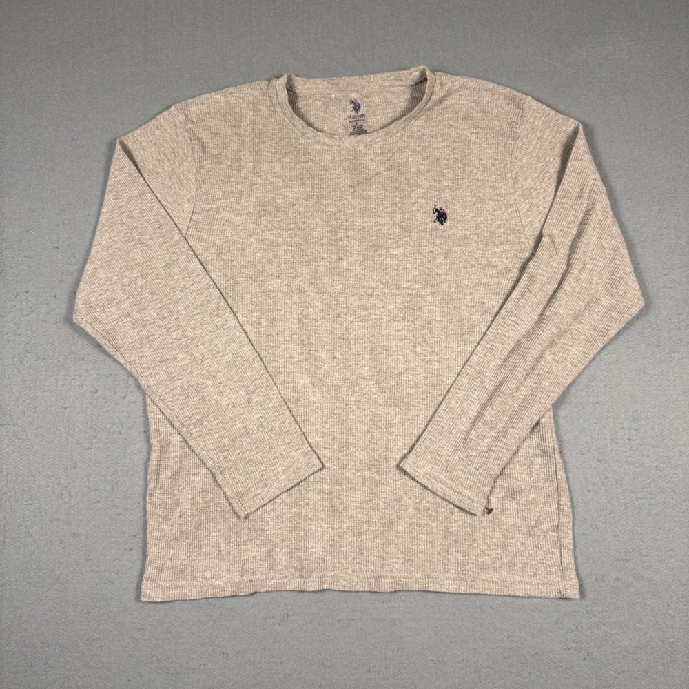 US Polo Assn Thermal Shirt Mens Large Tan Waffle Knit Long Sleeve Sleepwear Logo